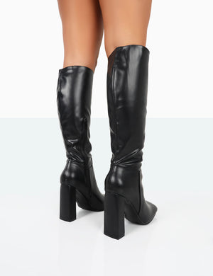 Gia Black Box PU Square Toe Block Heel Knee High Boots