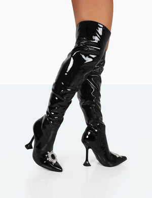 Sonny Black Patent Diamante Stud Pointed Toe Stiletto Heel Over the Knee Boots