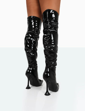 Sonny Black Patent Diamante Stud Pointed Toe Stiletto Heel Over the Knee Boots