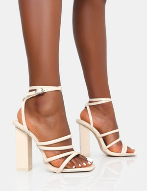 Tobi Ecru Patent Strappy Square Toe High Block Heels