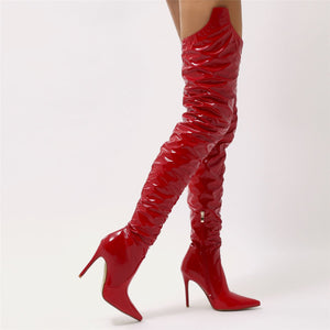 Houdini Extreme Thigh High Vinyl Boots in Red Patent