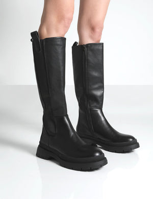 Balya Black Pu Pointed Toe Knee High Boots