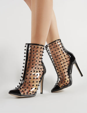 Spikey Pointed Clear Perspex Ankle Boots in Black