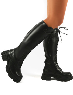 Cameo Black Chunky Sole Lace Up Knee High Boots