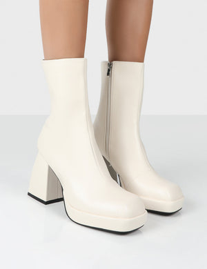 Clover Ecru Pu Chunky Heel Ankle Boots