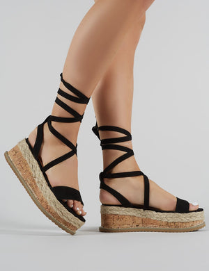 Fresca Lace up Gladiator Sandal in Black Faux Suede