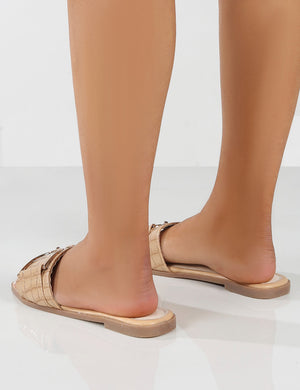 Adriana Beige Croc Gold Buckle Detail Flat Sandals
