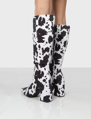 Apology Mono Cow Print Knee High Block Heel Boots | Public Desire ...