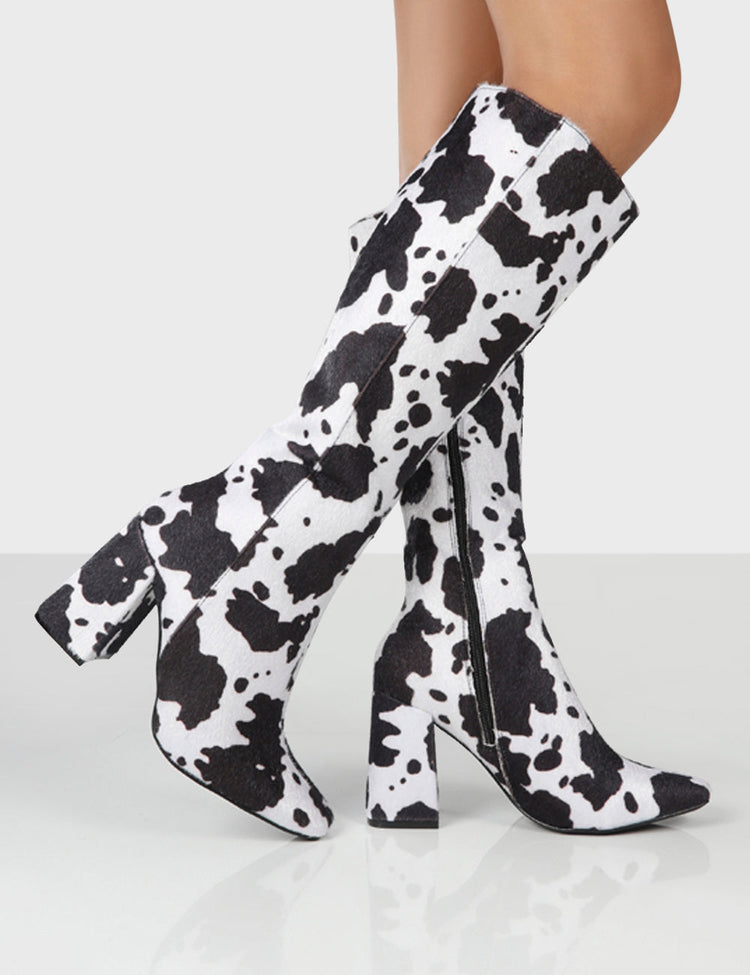 Apology Mono Cow Print Knee High Block Heel Boots | Public Desire ...