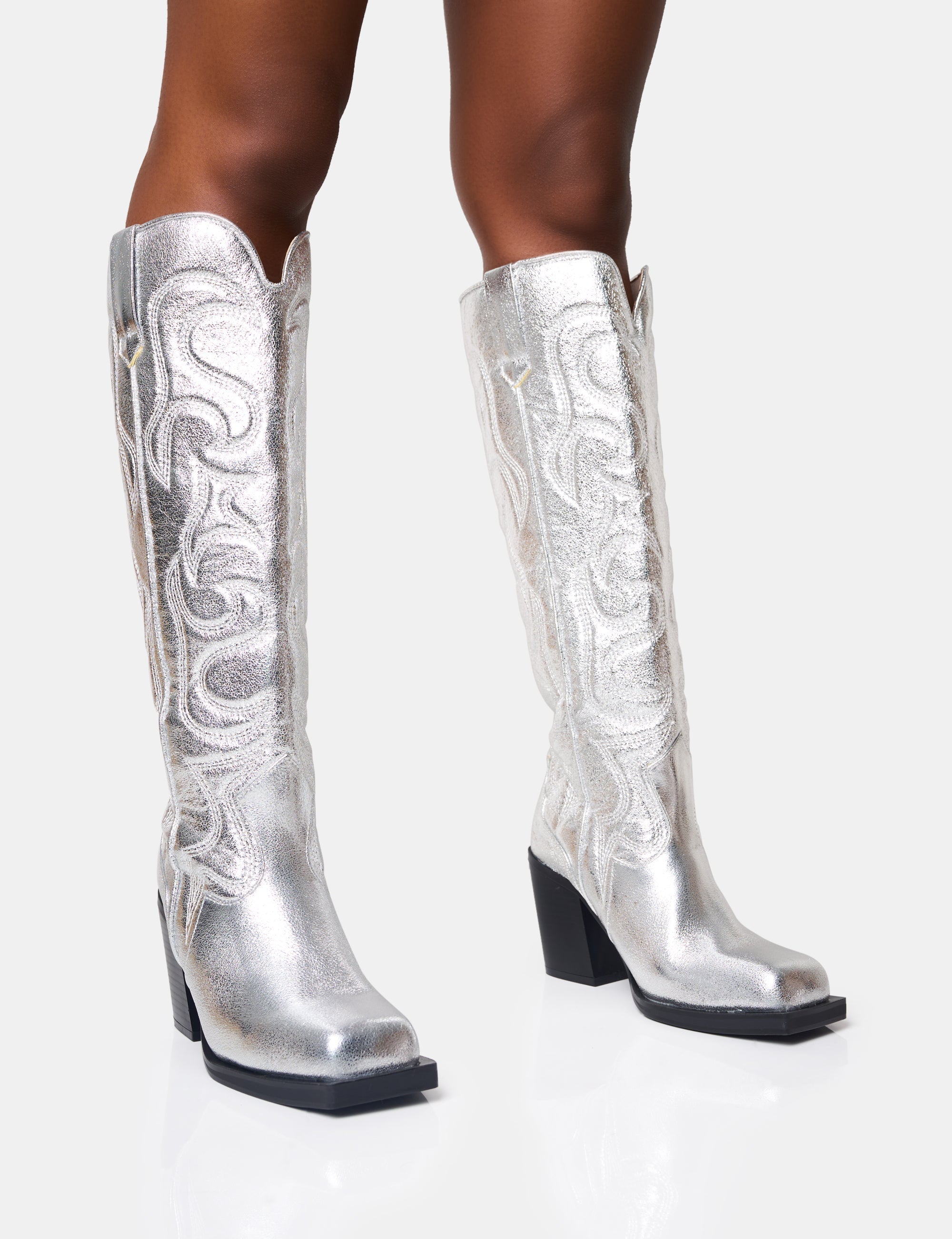 Austine Wide Fit Silver Western Block Heel Knee High Boots Public Desire Public Desire AU
