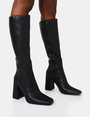 Apology Wide Fit Black Pu Knee High Block Heel Boots