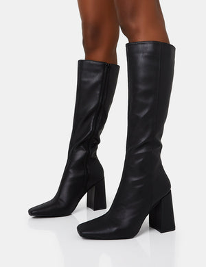 Apology Wide Fit Black Pu Knee High Block Heel Boots