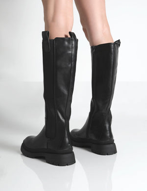 Balya Black Pu Pointed Toe Knee High Boots