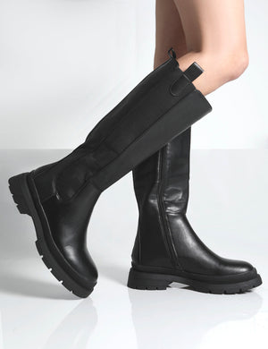 Balya Black Pu Pointed Toe Knee High Boots