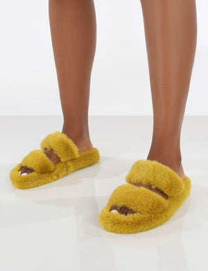 Bunny Mustard Double Strap Fluffy Slippers