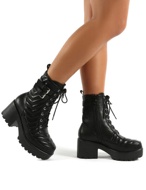Carbon Black Lace Up Platorm Sole Block Heeled Ankle Boots