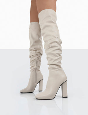 Cassia Ecru Square Toe Block Heel Over The Knee Boots