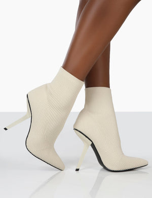 Chantelle Ecru Pointed Toe Stiletto Heel Sock Boots