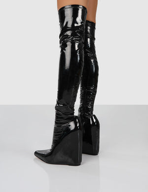 CLARISSA BLACK OVER THE KNEE WEDGE BOOTS