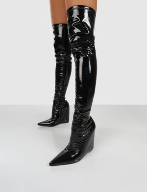 CLARISSA BLACK OVER THE KNEE WEDGE BOOTS