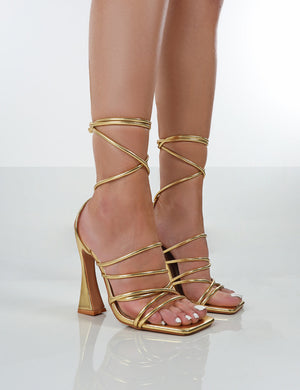 Corrbin Gold Pu Strappy Lace Up Flared Heels