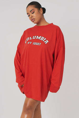 Curve Columbia Slogan Long Sleeved T-Shirt Dress Red