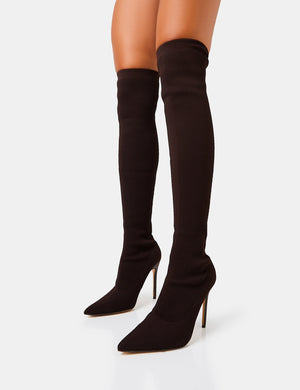 Chateau Chocolate Knitted Sock Stiletto Over The Knee Pointed Toe Boots