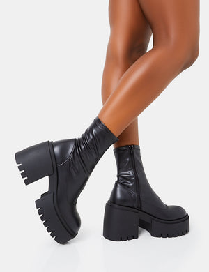 Demeter Black Pu Chunky Heeled Platform Ankle Boots
