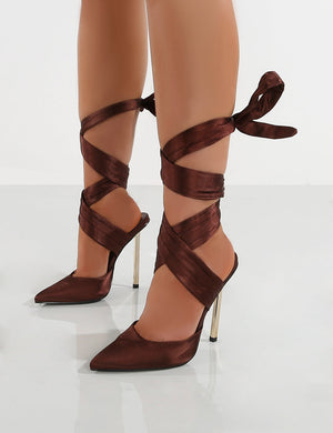 Dusk Chocolate Satin Tie Around Ribbon Lace Up Heels