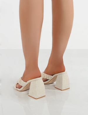 Elsa Natural Linen Scrunchie Cross Strap Block Heel