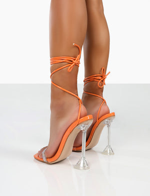 Fawn Orange Snake Diamante Strap Lace up Cake Stand Heels