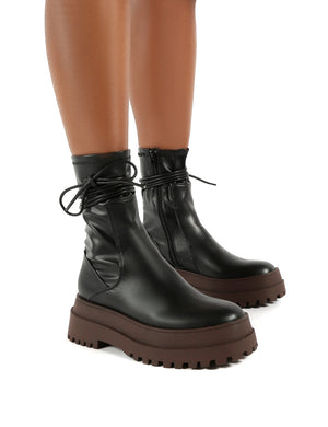 Finale Black Pu Chocolate Chunky Sole Ankle Wrap Boots