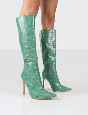 Horizon Green Croc PU Knee High Boots