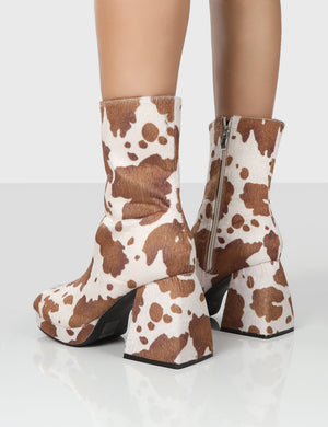 Imagine Wide Fit Brown Cow Print Chunky Heel Ankle Boots