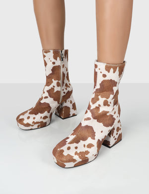 Imagine Brown Cow Print Chunky Heel Ankle Boots