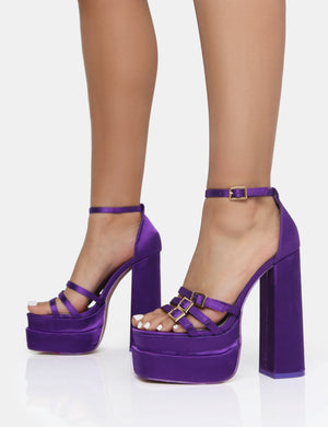 Enya Purple Satin Strappy Buckle Square Toe Platform Block Heels