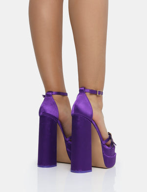 Enya Purple Satin Strappy Buckle Square Toe Platform Block Heels