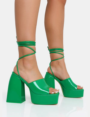 Orchid Green Patent Lace Up Mule Square Toe Platform Block Heels
