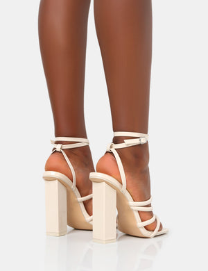 Tobi Ecru Patent Strappy Square Toe High Block Heels