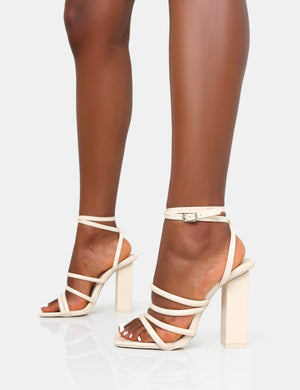 Tobi Ecru Patent Strappy Square Toe High Block Heels