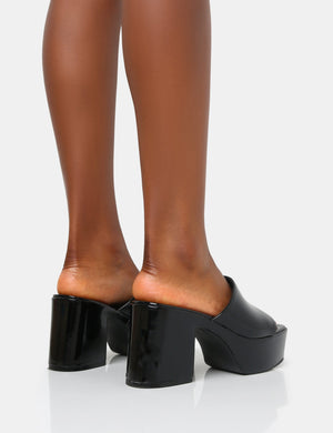 Ariel Black Patent Mule Chunky Mid Platform Heels