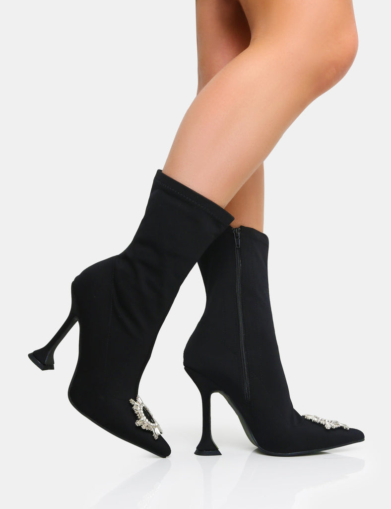Modena Black Nylon Diamante Broach Cake Stand Heel Sock Ankle Boot ...