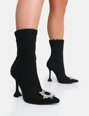 Modena Black Nylon Diamantie Broach Cake Stand Heel Sock Ankle Boot