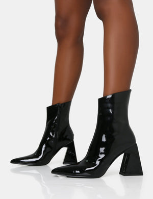 Kenzie Black Patent Pointed Toe Block Heel Ankle Boots