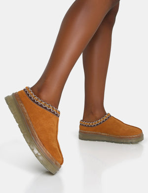 Nala Tan Faux Suede Embroidered Slipper Platform Boots
