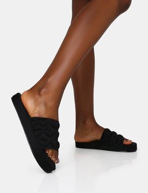 Bestie Black Nylon Embossed Heart Slider Sandals