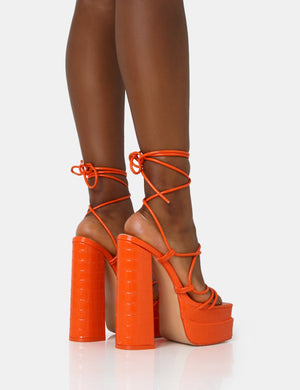 Glow Girl Orange Croc Lace Up Platform Heels