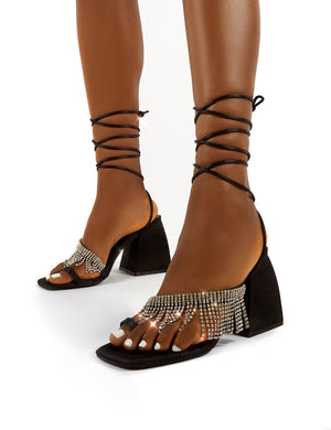 Peri Black Lace Up Diamante Fringe Detail Toe Loop Chunky Heel