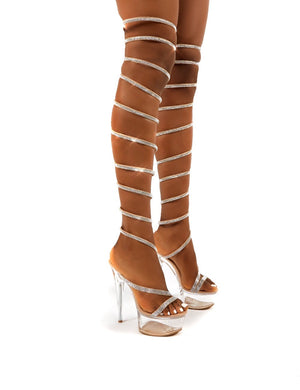 Hypnotised Nude Diamante Thigh High Wrap Around Clear Perspex Platform Stiletto Heels