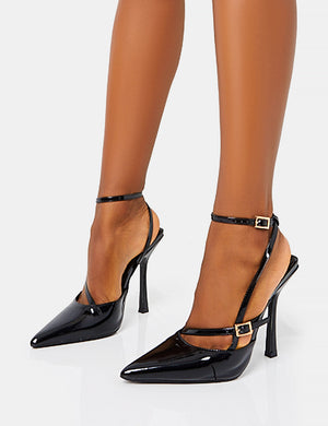 Idol Black Patent Buckle Strappy Detail Stiletto Pointed to Court High Heels